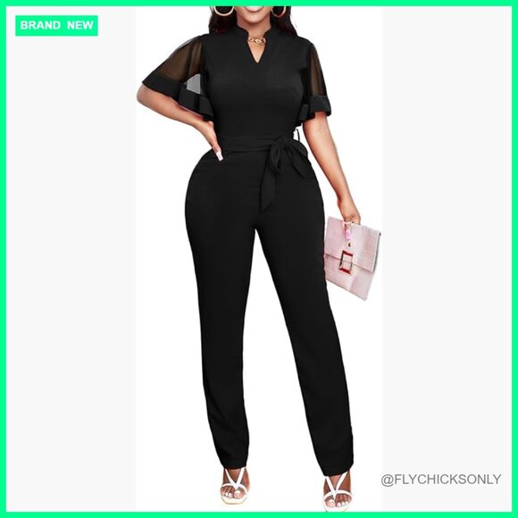 V Neck Mesh Ruffle Sleeve Jumpsuit with Pocket 95% Polyester 5% Spandex